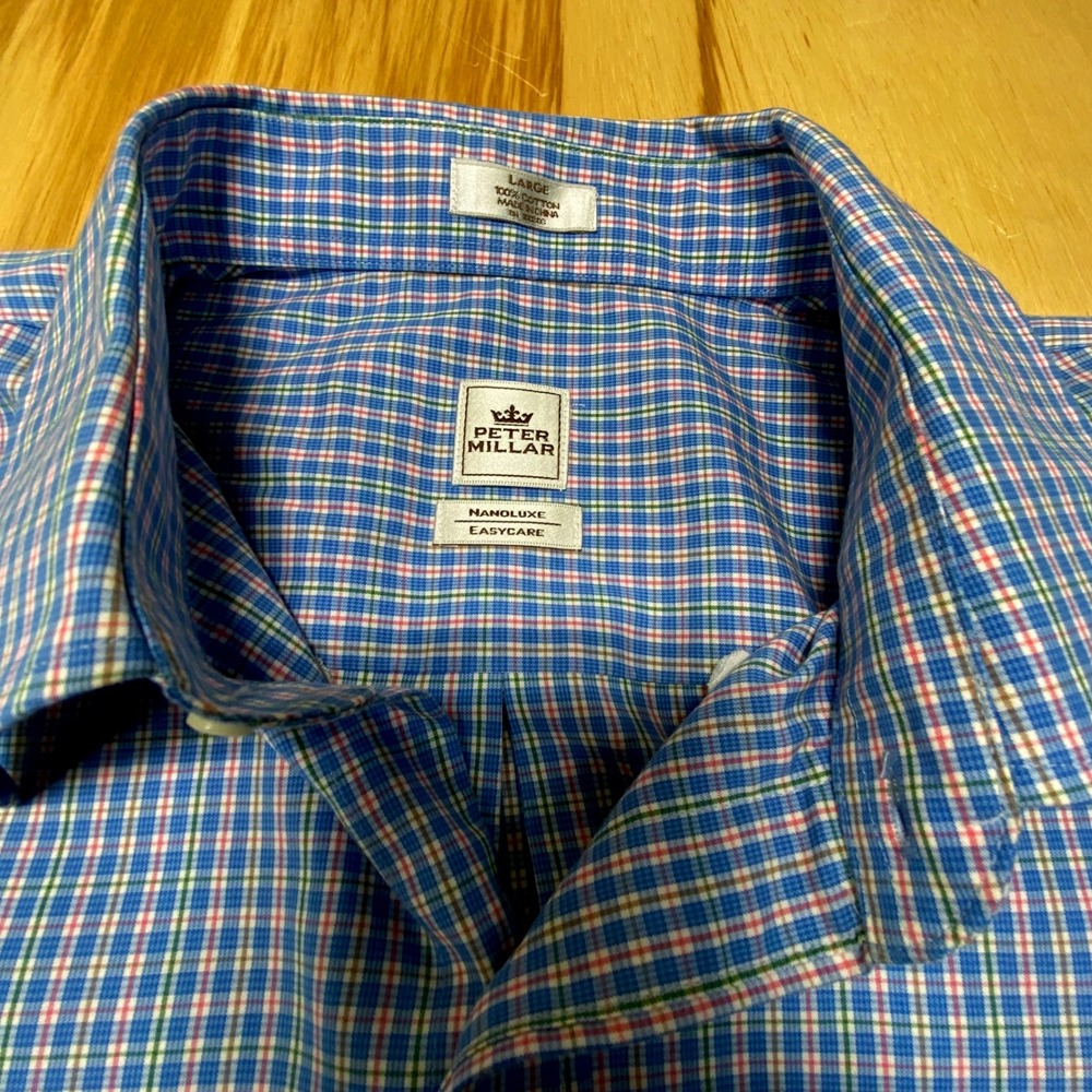 Peter Millar Nanoluxe Blue Multi Color Plaid Long Sleeve Button Up Men's Large